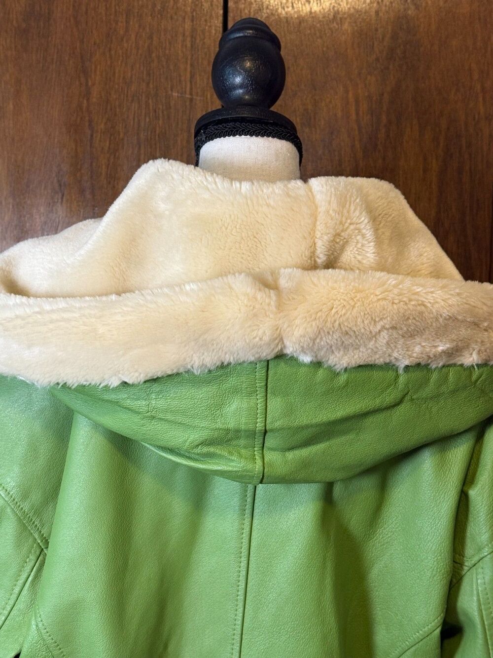 RARE Vtg Leather/Faux Fur Lined USA GREEN Coat w/Hood Penny Lane Protocol Medium - Picture 2 of 16
